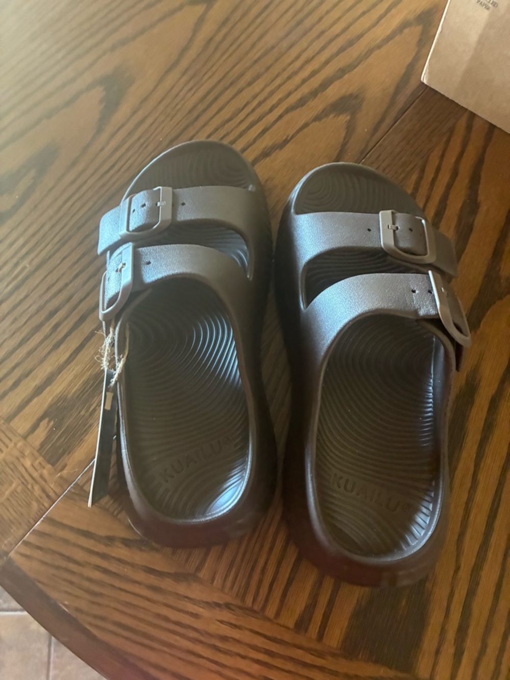 Double-Buckle Slide Sandals in Brown